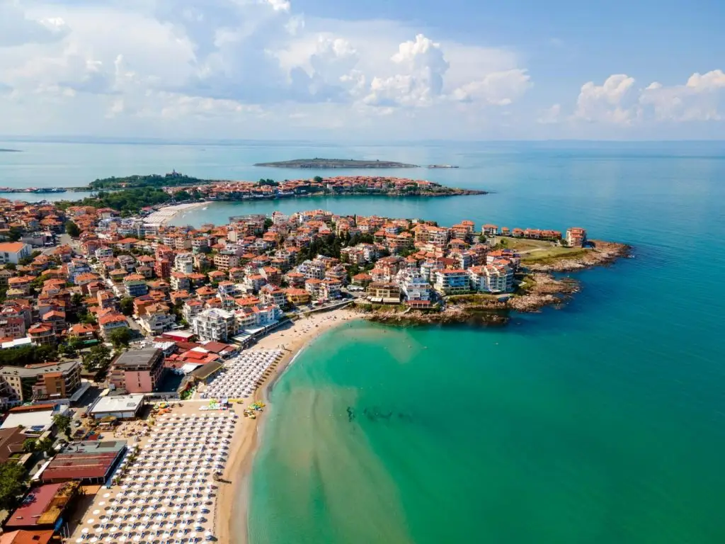 A scenic aerial view of the beautiful Sozopol coastline showcasing its beaches and architecture.